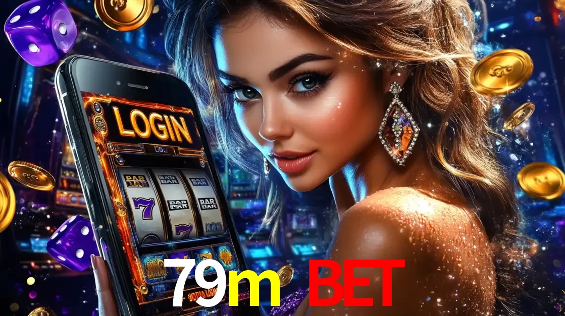 Mulher glamorosa segurando um smartphone com a tela de login para os jogos de caça-níqueis do cassino online 79m bet, com moedas de ouro e dados ao redor.