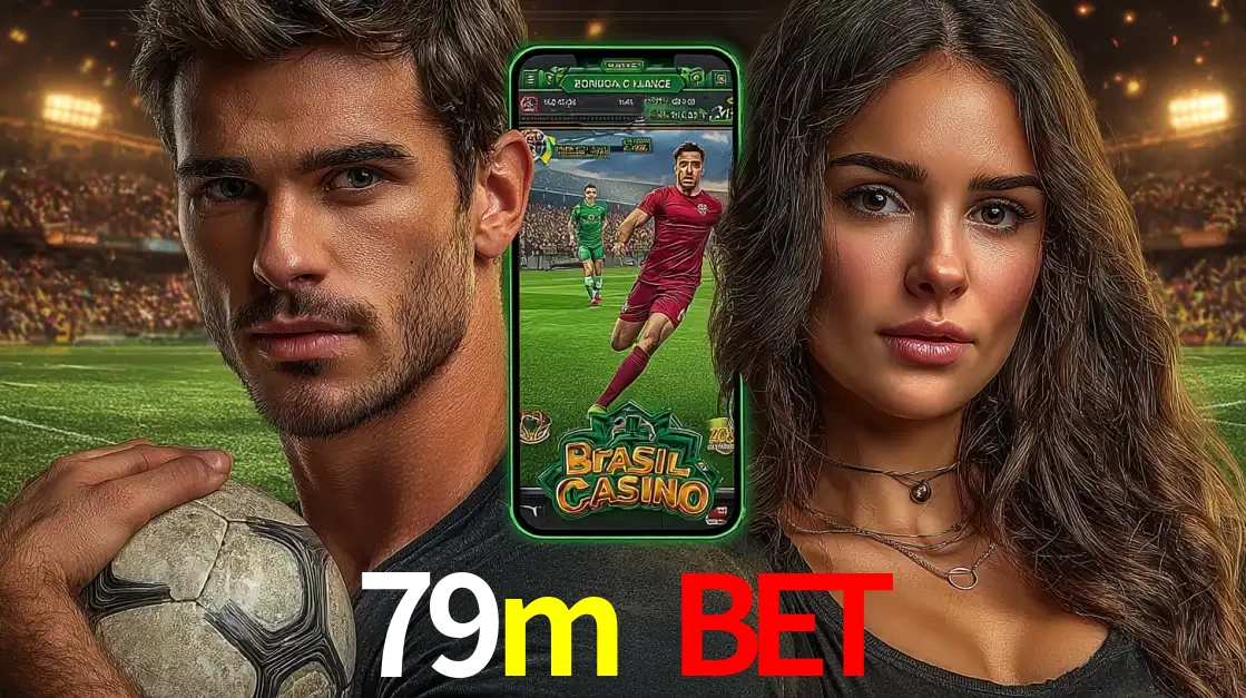 Homem segurando uma bola de futebol e uma mulher ao lado de um smartphone exibindo o jogo de apostas esportivas da 79m bet. Faça seu palpite no cassino online.